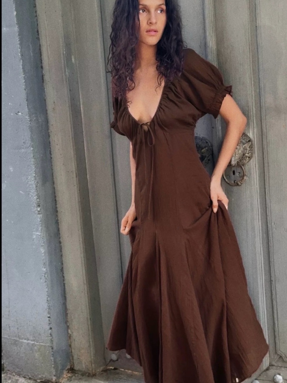 Zara Chocolate Brown Maxi Dress with Tie-Front - Picture 1 of 11